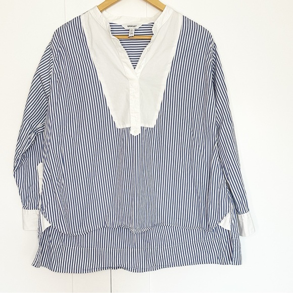 SPANX Poplin Tuxedo Shirt XL Blue White Stripe Long Sleeve High-Low Hem nautical - Picture 6 of 12